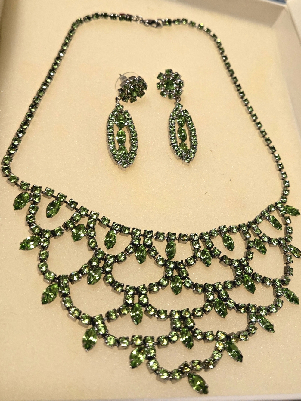 Green Crystal Statement Necklace and Earrings Set